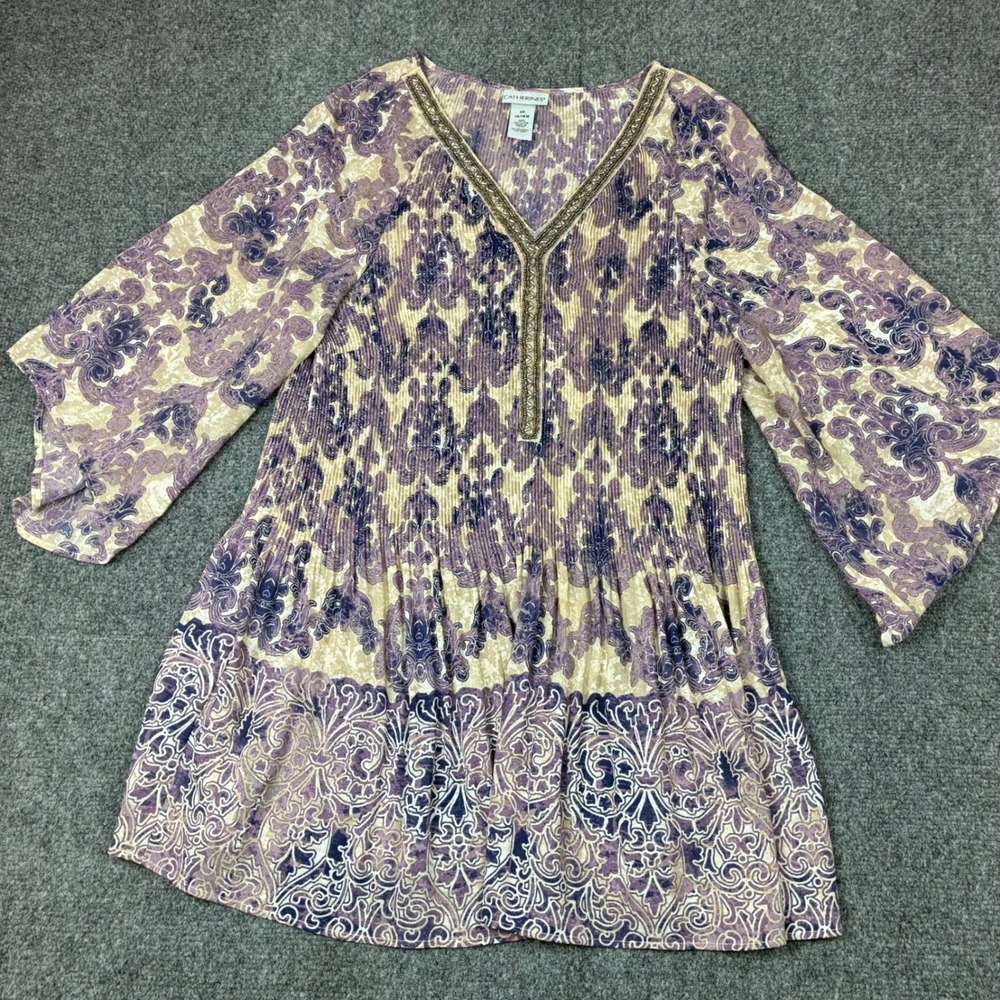 Catherines Plus Size 0X 14/16W Purple Paisley Pleated Beaded V-Neck Tunic Top